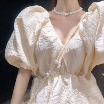 V 넥 퍼프 벌룬 원피스 허리 슬립 햅번 스탈 플레어 스커트 돌잔치맘 하객룩