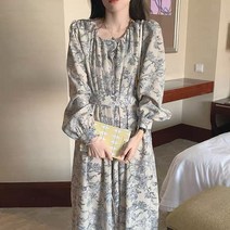 봄 프렌치 라운드 퍼프 원피스 롱 스커트