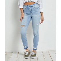 마이카 데님 라이트 블루 폴 포 유 하이 라이즈 스키니 크롭 청바지 여성용