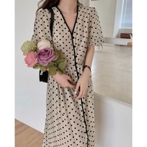 잇츠스타일 V넥 땡땡이 퍼프 리본 롱원피스 여신룩 여신원피스