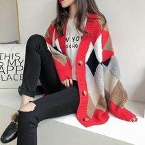 여성 오버핏 다이아 체크 무늬 가디건 빅사이즈 브이넥 면 카디건