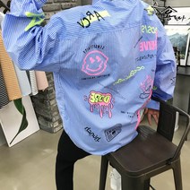 용된다 남자 캐쥬얼 스트라이프 스마일 프린팅 셔츠