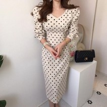 단아한 어깨뽕 원피스 도트무늬 코듀로이 롱 드레스 세련된 프랑스 V 넥 허리 리본 치마