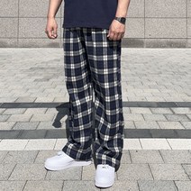 남녀공용 체크 와이드밴딩 롱 통바지