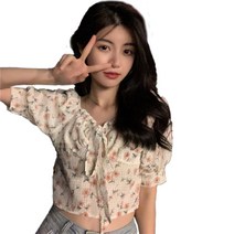 숏 플라워 시폰 블라우스 프렌치 스퀘어넥 벌룬 소매 블라우스 잔꽃 리본 퍼프 소매 쇼트 셔츠 날염 주름 반팔 블라우스 여름 여성용 나비매듭 밴딩 반팔 플라워 무늬 상의