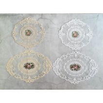 쉐비블랑체 프렌치 레이스 원형 오벌 플라워자수 테이블 식탁 매트, 아이보리