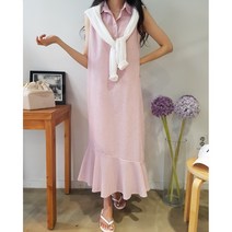 상상그이상 여성용 스트라이프 카라 나시 원피스 언발 프릴 밑단 포인트 줄무늬 민소매 롱원피스 바캉스룩