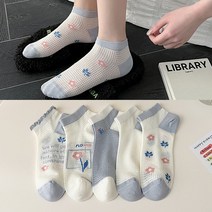 워더미 여성용 봄 여름 큐티 블루 플라워 쿨 단목 5P 양말 W748