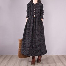 잇츠스타일 작은 꽃 패턴 중년 여성 기모 안감 긴팔 겨울 롱원피스