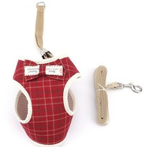 강아지 가슴 스트랩 끈포함 하네스 세트 WI045DG, 체크 레드