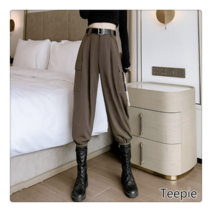 티피/Teepie 카키 카고 팬츠 여성용 하이웨이스트 하렘 팬츠 부루마 팬츠