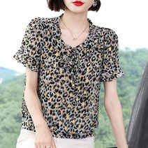 알리팡(Alipang) 봄 여름 중년 프릴 퍼프블라우스 롱셔츠 빅사이즈 넉넉한 쉬폰 블라우스 롱블라우스 여성 상의 반팔 반소매 호피무늬 레오파드