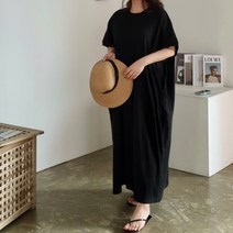 [비비애르] 오버핏 빅 박스 맨투맨 반팔 맥시 롱 원피스 무지 가오리핏 88까지 빅사이즈 홈웨어 편한원피스