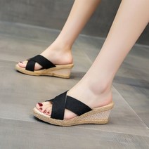 에스파듀슬립온 에스파듀 여름 보헤미안 여성 오픈토우 웨지힐 수제 6 힐 플랫폼 슬리퍼 신발