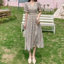 랩디자인 브이넥 플라워패턴 로맨틱느낌 쉬폰원피스