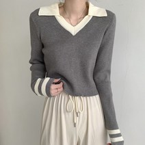 [랜덤플레이] 브이넥카라 배색 투라인 소매 골지 니트