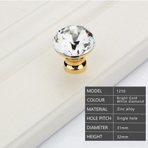 다이아몬드 지우기 크리스탈 유리 도어 당겨 서랍 캐비닛 가구 액세서리 손잡이 나사 전세계, Bright-Gold