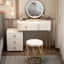 남쪽나무 LED화장대 세트 대리석 확장형 서랍형 USB 스마트 충전, 100cm가로, 테이블(B)+사물함(B)+거울(B) +의자D, 베이지색/무선충전+블루투스 스피커