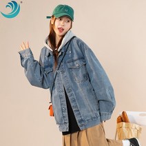여성 데님 하프 코트 여성 빅사이즈 코트 가을 데님 점퍼 루즈핏 후드 데님 점퍼 탈착 후드 점퍼 상의 봄 커플