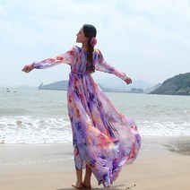 Ogfaour비치웨어스커트 여행촬영 맥시 원피스스커트 프린팅 시폰스커트 빅사이즈 긴팔소매 플레어 해변휴가 비치 긴치마