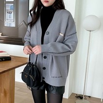 코지 여자 포인트 패치 스티치 브이넥 오버핏 가디건