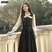 DFMEI 여성 리본 칼라 원피스 티셰 긴팔 스커트