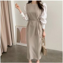 88 원피스 편안한 66 77 빅사이즈 볼륨소매 H라인 배색 원피스 베이지 블랙