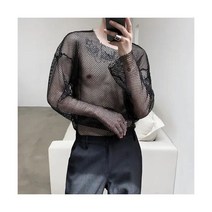 남성 메쉬 업 긴팔 캐주얼 티셔츠 힙합 펑크 무대 공연 쇼