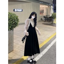브이멜빵원피스 프렌치 레이스 패치워크 여성 봄계절 2023 브이넥 벨벳 허리보정 하프기장 A라인 4993079438
