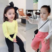 RT-10 여아 골지 셔링 무지 티셔츠 아동 넥셔링 퍼프 소매 봄 가을 스판 긴팔티 데일리 룩 키즈 쫄티