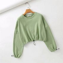 크롭 후리스 여성 캐주얼 솔리드 컬러 탑스 봄 긴 라운드 넥 운동복 조절 끈 허리 패션