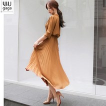 유유가가 여성 긴팔 쉬폰 주름 롱원피스 플리츠 스커트 치마 시폰 원피스 허리리본