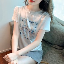 스타일아유 여자 프린팅 티셔츠 루즈핏 라운드 실크 사틴 여름 반팔 실켓티