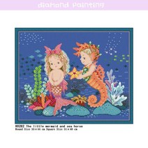 말 그림 돈나무 액자 인어 공주와 해마 전체 라운드/스퀘어 다이아몬드 페인트 패턴 초상화 모자이크 자수, 01 R0282_01 Square