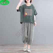 SHENGBO여성 세트 여성 투피스 옷 투피스 옷 면 소재의 넉넉한 편안한 트레이닝 세트 어려 보여요. 스타일리시한 캐주얼한 여름의 반팔의 긴 바지의NO.004LH908