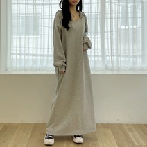 [제이앤로제] [기모 선택] 웬디 후드 트레이닝 원피스 (봄 가을 겨울 루즈핏 오버핏 박시 맥시 롱 긴팔 브이 V 넥 후디 복 추리닝 츄리닝 홈웨어 잠옷 파자마 파티 면 빅사이즈)