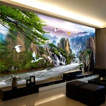 일출 소나무 폭포 풍경 보석십자수 산수화 구슬십자수, 180x70cm