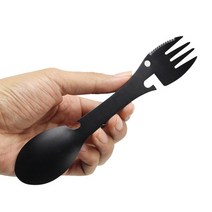 5in1 다기능 스테인레스 스틸 포크 피크닉 캠프 식기 병따개 휴대용 병, [05] Black