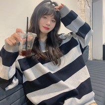 Tamina 맨투맨 기모 여성 라운드 스트라이프