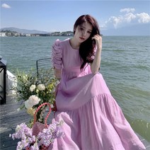 연보라 퍼프소매 백오프 원피스 휴가지 리조트룩