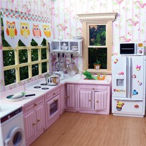 주방 싱크대 부엌 미니어처 가구 모형 피규어 소품, 핑크 콤비네이션 주방