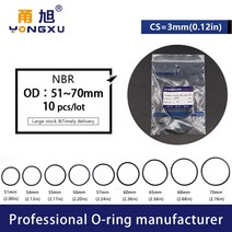 고무오링 패킹 실리콘 오링 고무링 10 개/몫 블랙 NBR 씰링 O-링 CS3mm 두께 OD51/54/55/56/57/58/60/65/68, 10 OD70xID64xCS3mm_01 3mm