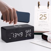 Frokom 우드 무선충전 데이트 LED 탁상시계 + USB아답터 무소음, 블랙