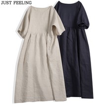JUST FEEL!NG 빅사이즈 라우드넥 면마 린넨 여름신상 루즈핏 슬림핏 원피스 여성용