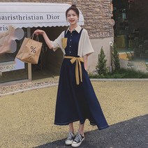 Crzen 여름 셔츠 원피스 여자 배색 반팔 롱 원피스 23N510