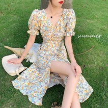KORELAN 시폰 여름 벌룬 반팔 브이넥 잔꽃 원피스 여성 미디 트임 a라인 티타임 스커트