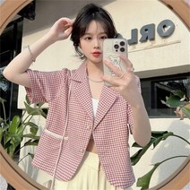 미스손 여름 여자 숏 카라 반팔 캐주얼 체크 정장자켓