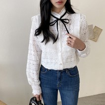 러블리 캐주얼 벨벳 테프 레이스 블라우스(베이지 아이보리)