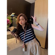 안나리야 크롭 카라 스트라이프 리본 레이어드 니트 조끼 SY