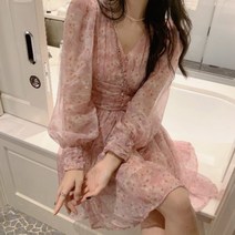 손예진 스타일 핑크 꽃무늬 미니 원피스 여성 봄 A라인 쉬폰 드레스